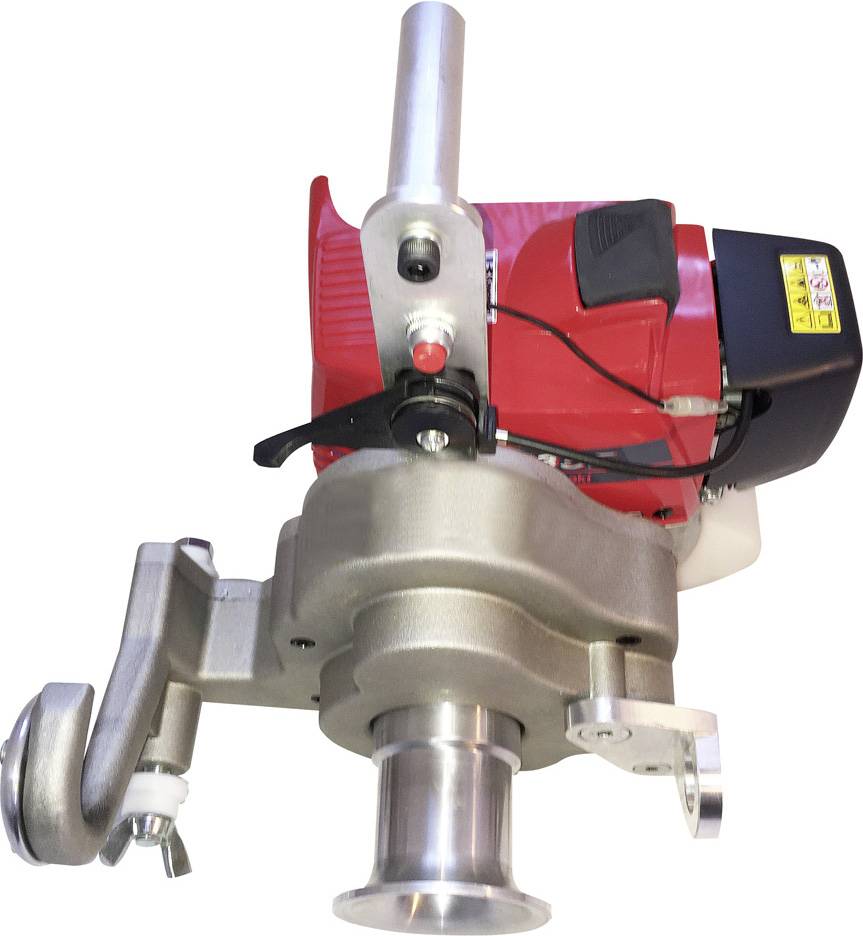 Eine rote elektrische Maschine mit Metallkomponenten, möglicherweise eine Rohrbiegemaschine, zeigt Schalter und mechanische Hebel.