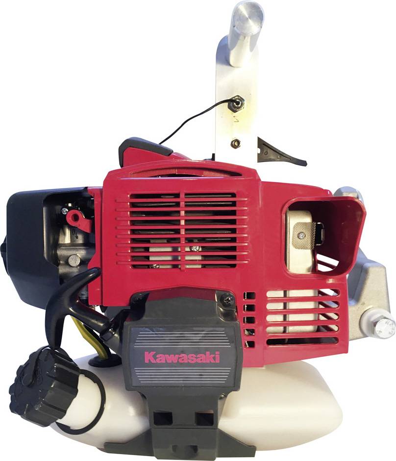 Benzinmotor von Kawasaki mit roter Verkleidung und sichtbar befestigtem Auspuff, geeignet für den Einsatz in Maschinen.