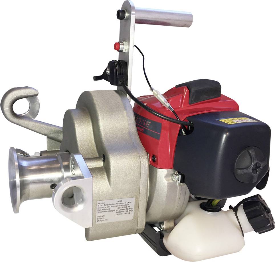 Ein tragbarer Seilwindenmotor mit rotem Gehäuse und schwarzem Tank. Hauptsächlich in der Forstwirtschaft oder beim Offroad-Fahren verwendet.