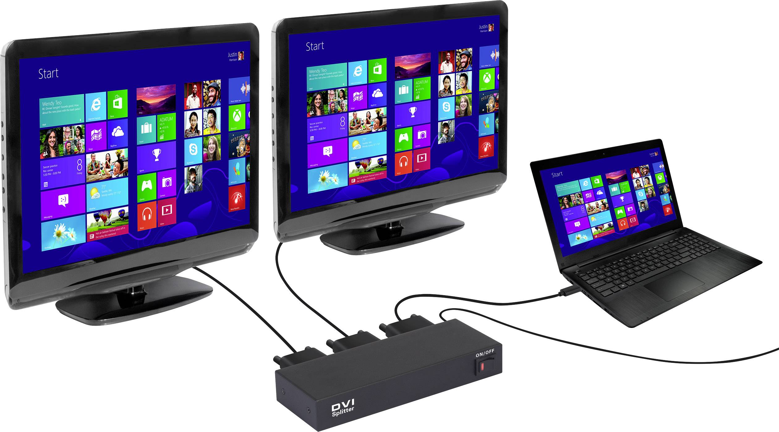 Ein Laptop ist an eine Dockingstation angeschlossen, die zwei Monitore mit identischen Bildschirminhalten betreibt.