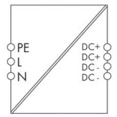 Schaltplan eines Geräts mit Ein- und Ausgängen. Links sind PE, L, N, rechts DC+, DC-, die durch eine diagonale Linie getrennt sind.
