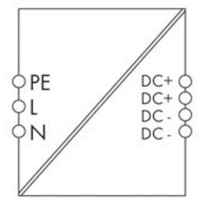 Schaltsymbol eines Gleichrichters: Links Anschlüsse für PE, L, N; rechts Anschlüsse für DC+, DC-, DC+.