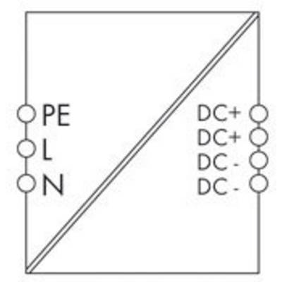 Elektrisches Schaltbild mit Anschlüssen: links 'PE', 'L', 'N'; rechts 'DC+', 'DC-', diagonal unterteilt.