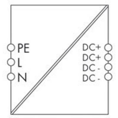 'Elektrisches Schaltbild: Links PE, L, N für Wechselstromanschlüsse; rechts DC+, DC- für Gleichstromanschlüsse.'