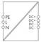 Diagramm eines elektrischen Schaltplans mit Anschlüssen: 'PE', 'L', 'N' auf der linken Seite; 'DC+', 'DC-', auf der rechten Seite.