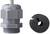 Graue Kabelverschraubung M25x1,5 links mit schwarzen Dichtstopfen rechts, zur Abdichtung und Befestigung von Kabeln.