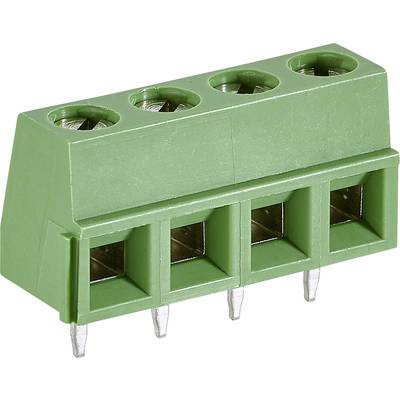 Grüner elektrischer Steckverbinder mit vier Anschlusspunkten, geeignet für Leiterplatten.