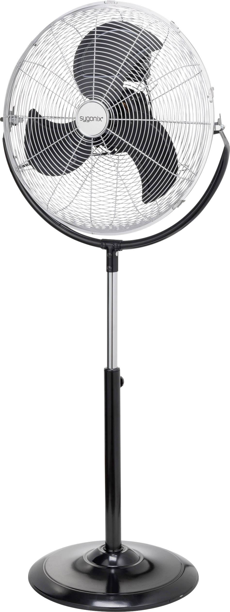 Ein schwarzer Standventilator mit drei Rotorblättern und einem verstellbaren Stativ, geeignet für die Belüftung von Innenräumen.