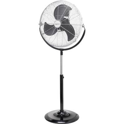 Ein schwarzer Standventilator mit drei Rotorblättern und einem verstellbaren Stativ, geeignet für die Belüftung von Innenräumen.