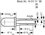 Technische Zeichnung einer LED mit Abmessungen: Länge 20 mm, Durchmesser 8,6 mm. Anoden- und Katodenanschlüsse sind gekennzeichnet.