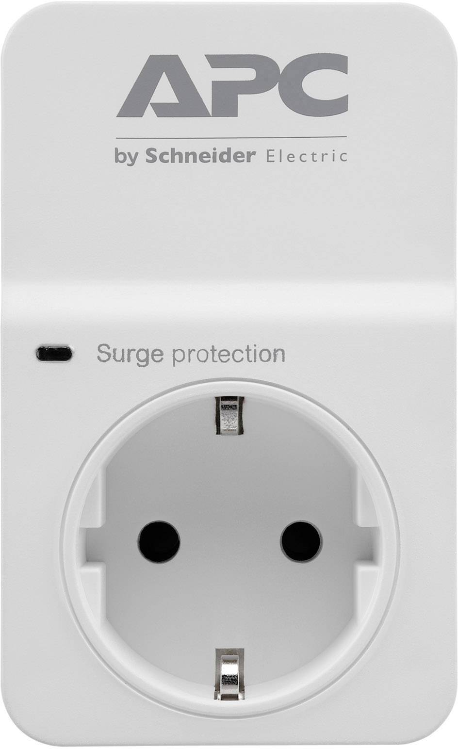 Weiße Steckdose von APC mit Aufschrift 'Surge protection' und Logo von Schneider Electric, bietet Überspannungsschutz.
