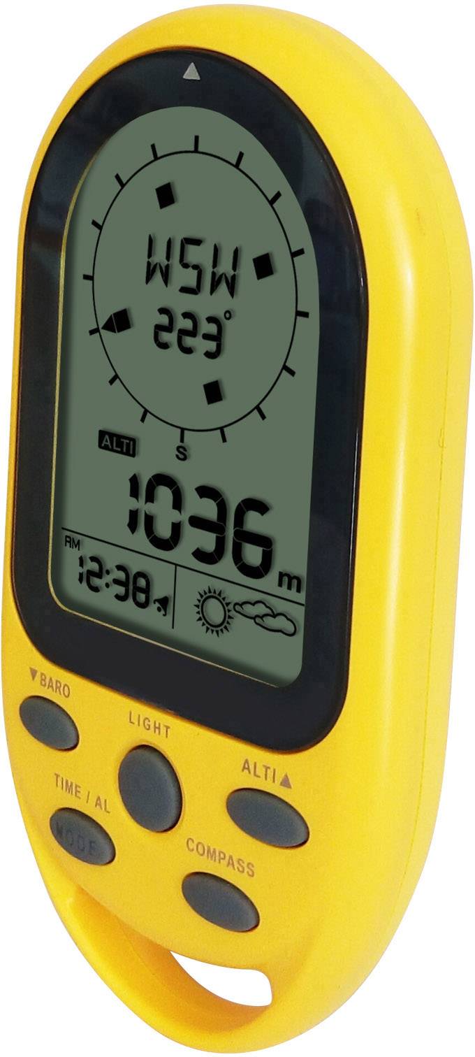 Gelbes digitales Handgerät mit Kompass, Höhenmesser und Barometeranzeige; zeigt Höhe '1036 m', Richtung 'WSW' und Uhrzeit.