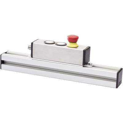 Metallisches Gerät mit zwei Tasten und einem roten Not-Aus-Schalter, montiert auf einer Aluminiumschiene.