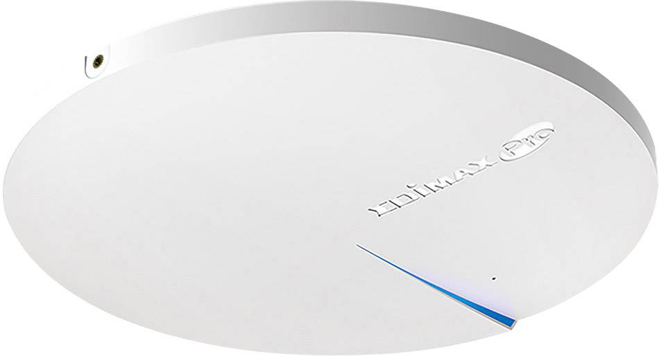Ein kreisförmiger WLAN-Zugangspunkt, montiert an der Decke, mit einer blauen LED-Anzeige und der Aufschrift 'Edimax Pro'.