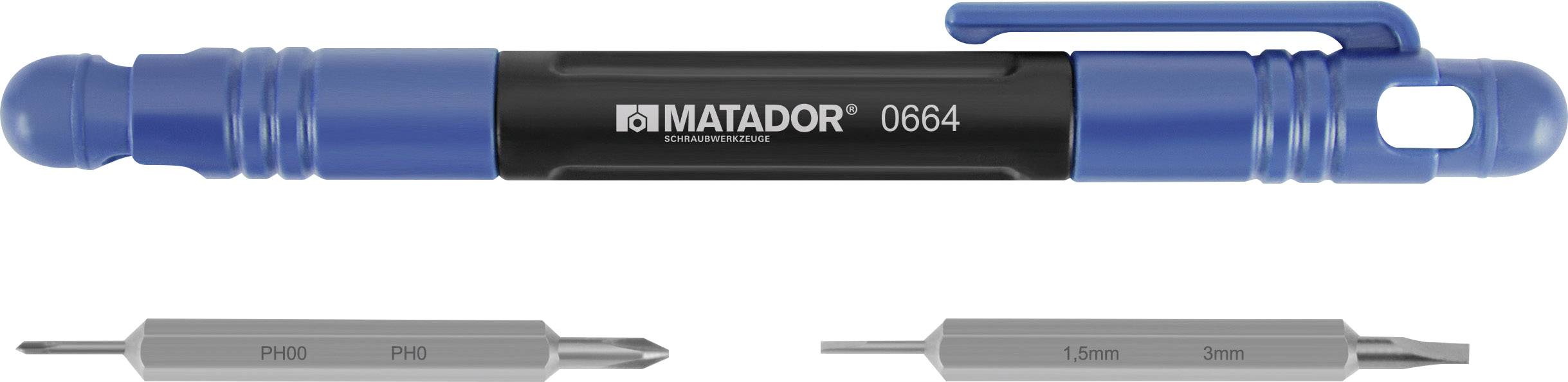 Blauer Matador 0664 Bit-Schraubendreher. Oben Stiftkappe, unten zwei doppelte Bits: PH00/PH0 und 1,5mm/3mm. Ideal für präzise Arbeiten.