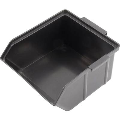 Schwarze Kunststoffbox mit offenen Seitenwänden und verstärktem Rand, geeignet für Lagerung oder Transport von Materialien.
