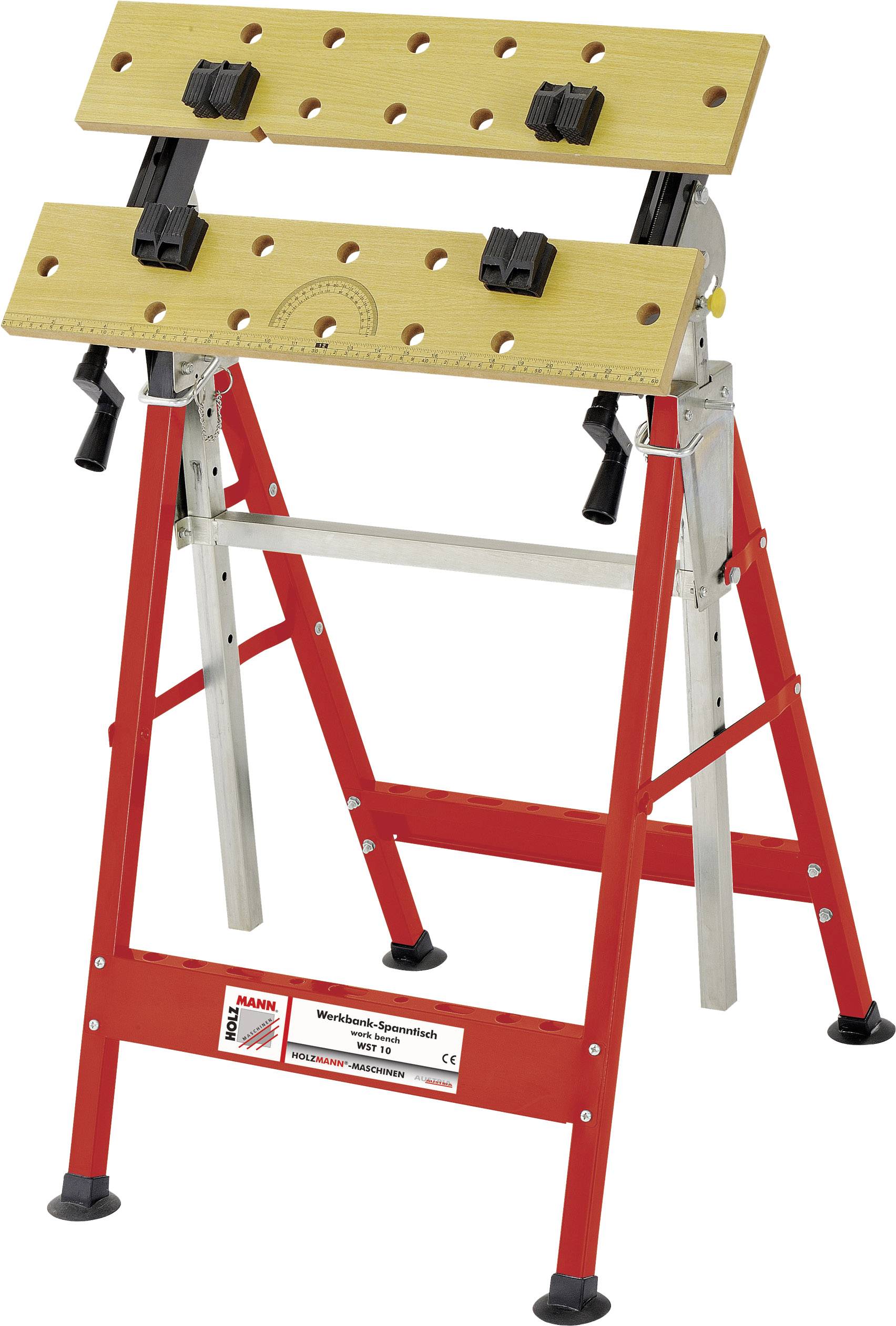 Ein rot-gelber klappbarer Arbeitstisch mit verstellbaren Holzplatten und Skala, auf schwarzem Ständer. Werkbank für Heimwerker.