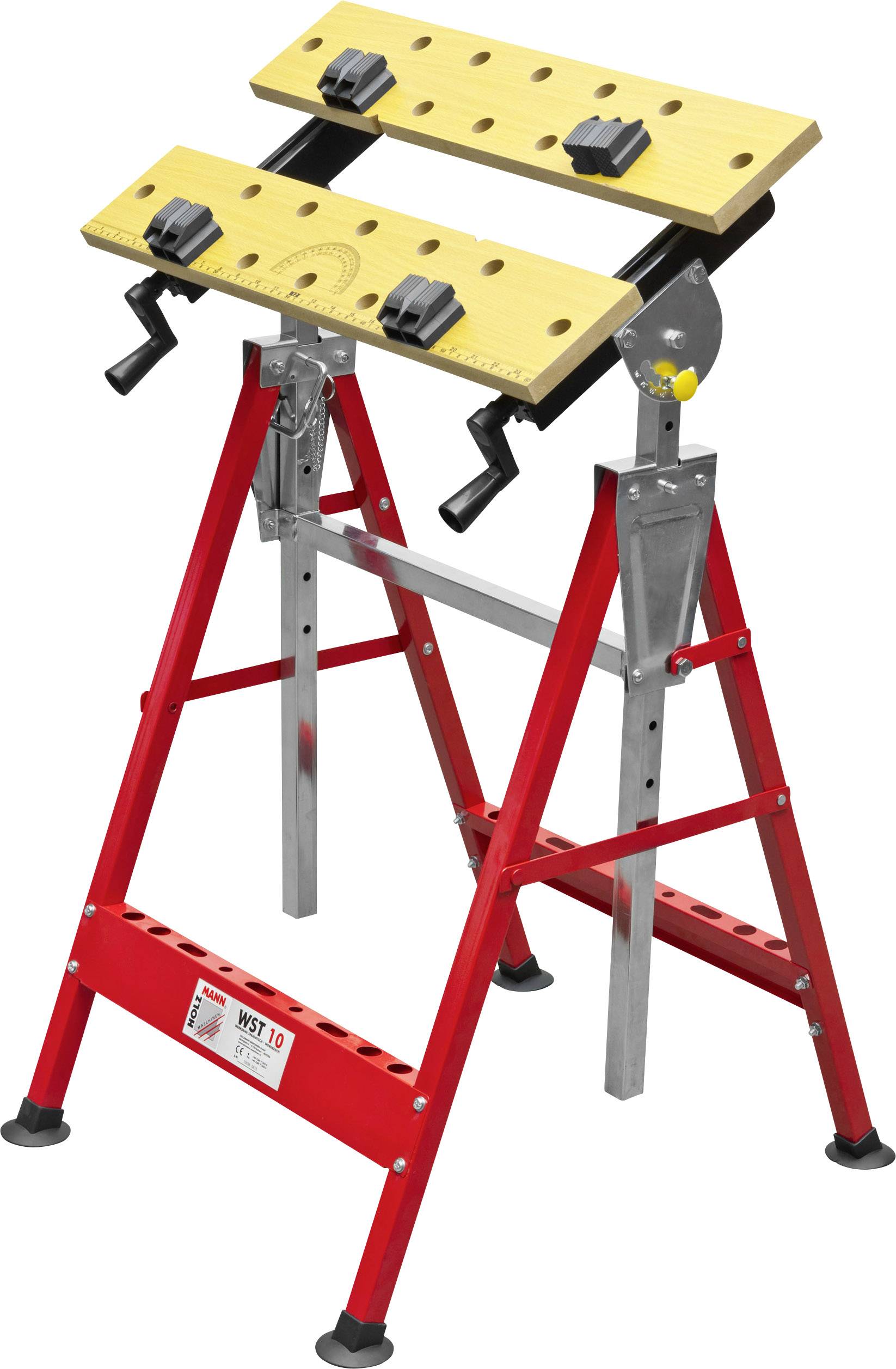 Ein roter Werkbankständer mit verstellbarer Holzplatte und Klemmen, auf stabilen Beinen für Heimwerken oder professionelle Nutzung.