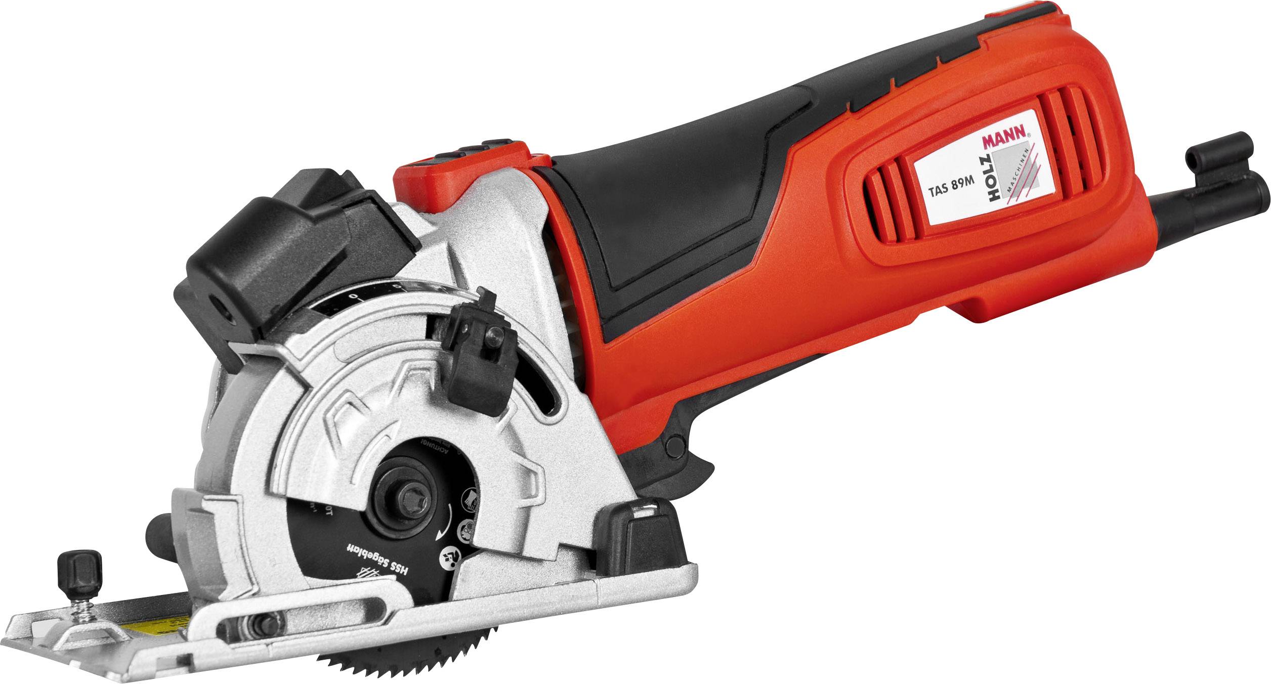 Rote und schwarze Handkreissäge mit sichtbarem Sägeblatt und Netzstecker, geeignet für präzise Schnitte in Holz und anderen Materialien.