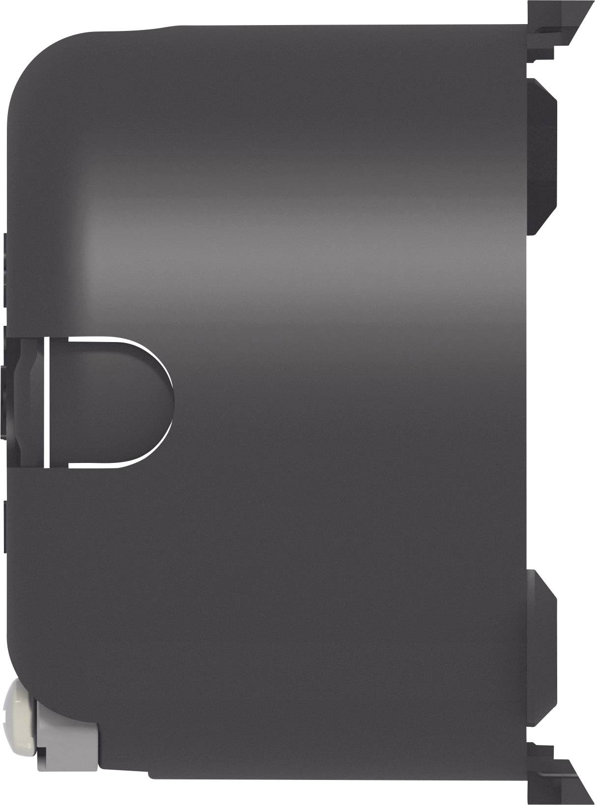 Seitliche Abbildung eines schwarzen, kompakten Gerätes, möglicherweise ein elektronisches Modul oder Bauteil.