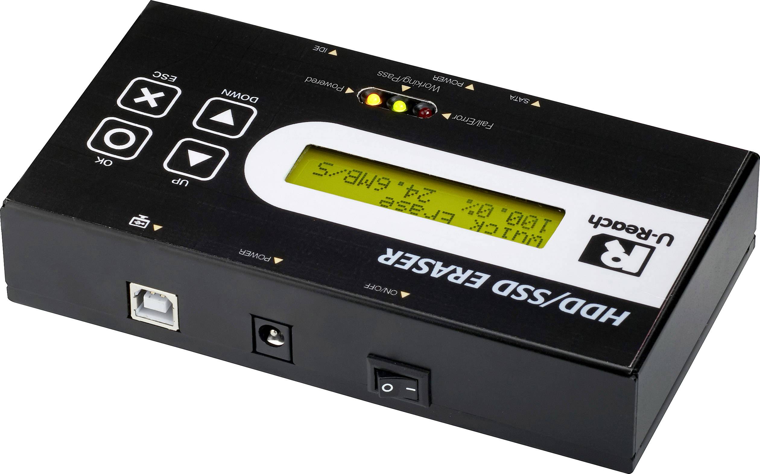 Schwarzes Gerät mit Tasten, USB-Anschluss und Bildschirm; zeigt 'Löschung: 24 GB/s' an. Marke: R-Drive. 