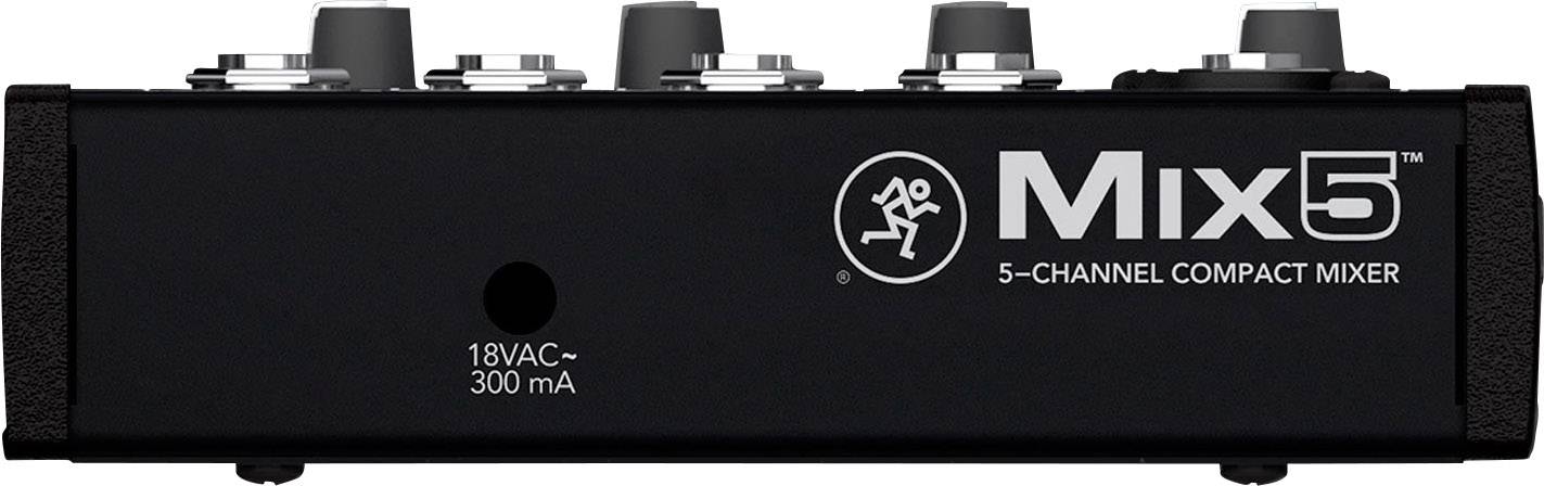 Kompakter 5-Kanal-Mixer mit mehreren Eingängen, beschriftet mit 'Mix5' und '5-Channel Compact Mixer'. Frontansicht, keine Bedienelemente sichtbar.