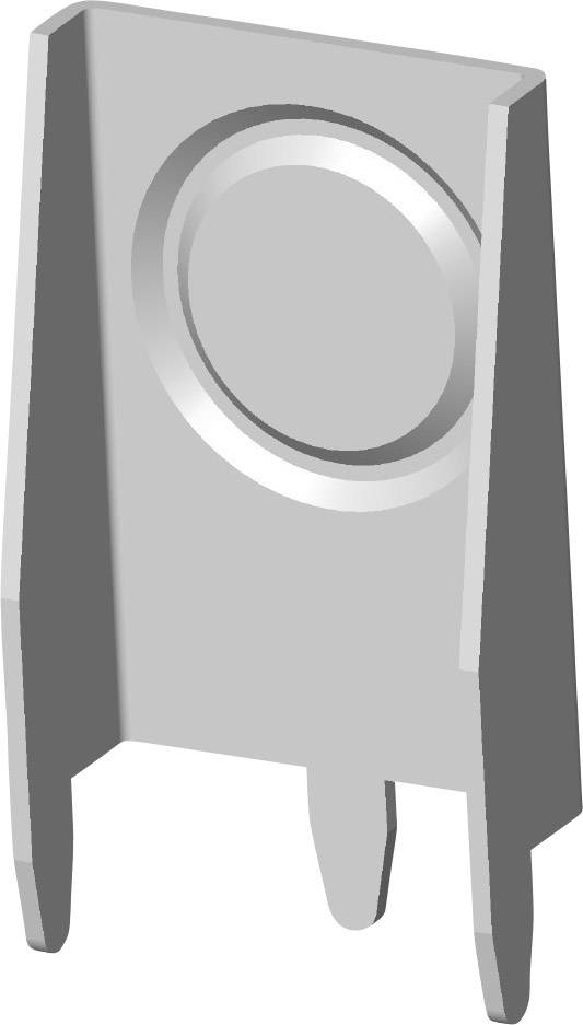 Silbernes, rundes Metallobjekt mit zwei abgewinkelten Beinen, möglicherweise ein elektronisches Bauteil oder Anschlussstück.
