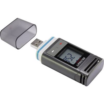 Ein USB-Datenlogger zur Temperaturüberwachung, mit abgenommenem Schutzdeckel. Zeigt auf dem Display die Zahl '52'.
