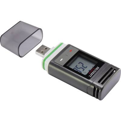 Digitaler Datenlogger in USB-Stick-Form mit abgenommenem Schutzdeckel und Display, das den Wert '52' anzeigt.