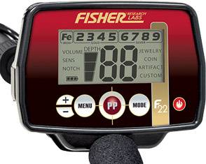 Anzeige einer metallischen Suchanzeige mit Bedienelementen. Zeigt numerische Werte und Icons zum Einstellen von Lautstärke, Tiefe und Modus.