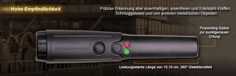 'Metalldetektor mit hoher Empfindlichkeit, erkennt Eisen- und Edelstahlobjekte präzise. Länge: 10-16 cm, 360°-Detektionsfeld.'