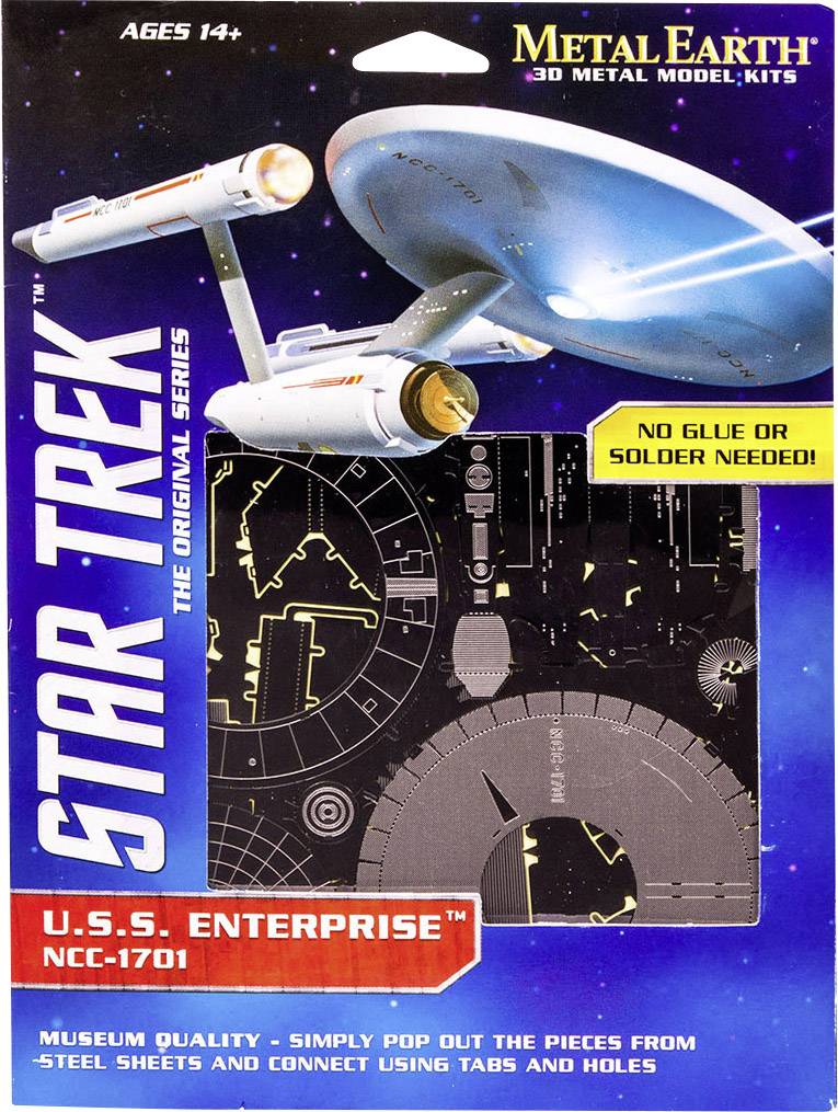 'Star Trek: The Original Series'-Bausatz der U.S.S. Enterprise NCC-1701, geeignet für Altersgruppe 14+, ohne Kleber oder Löten erforderlich.