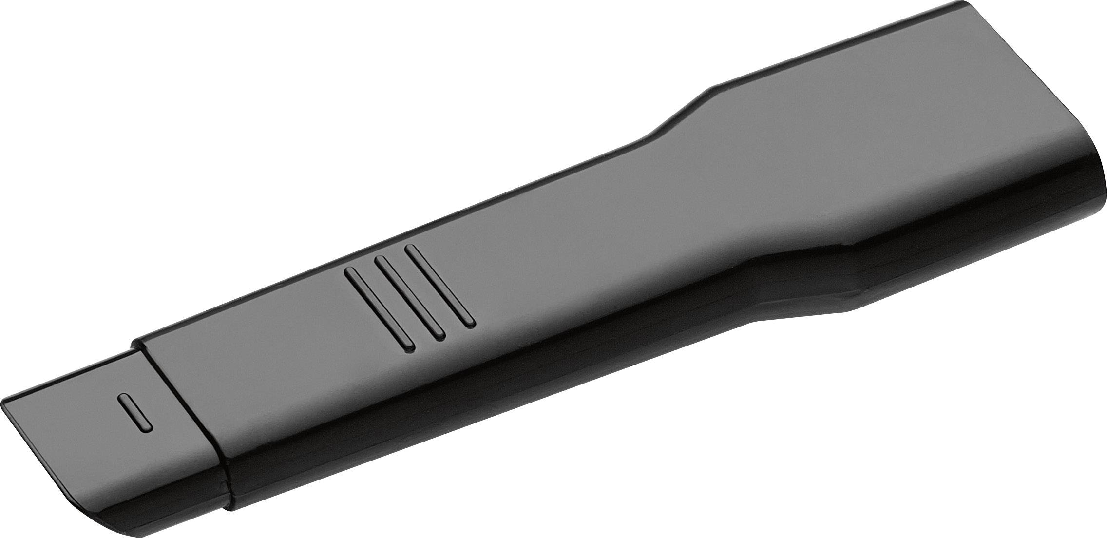 Schwarzes, rechteckiges USB-Laufwerk mit abgerundeten Ecken und glatter Oberfläche.