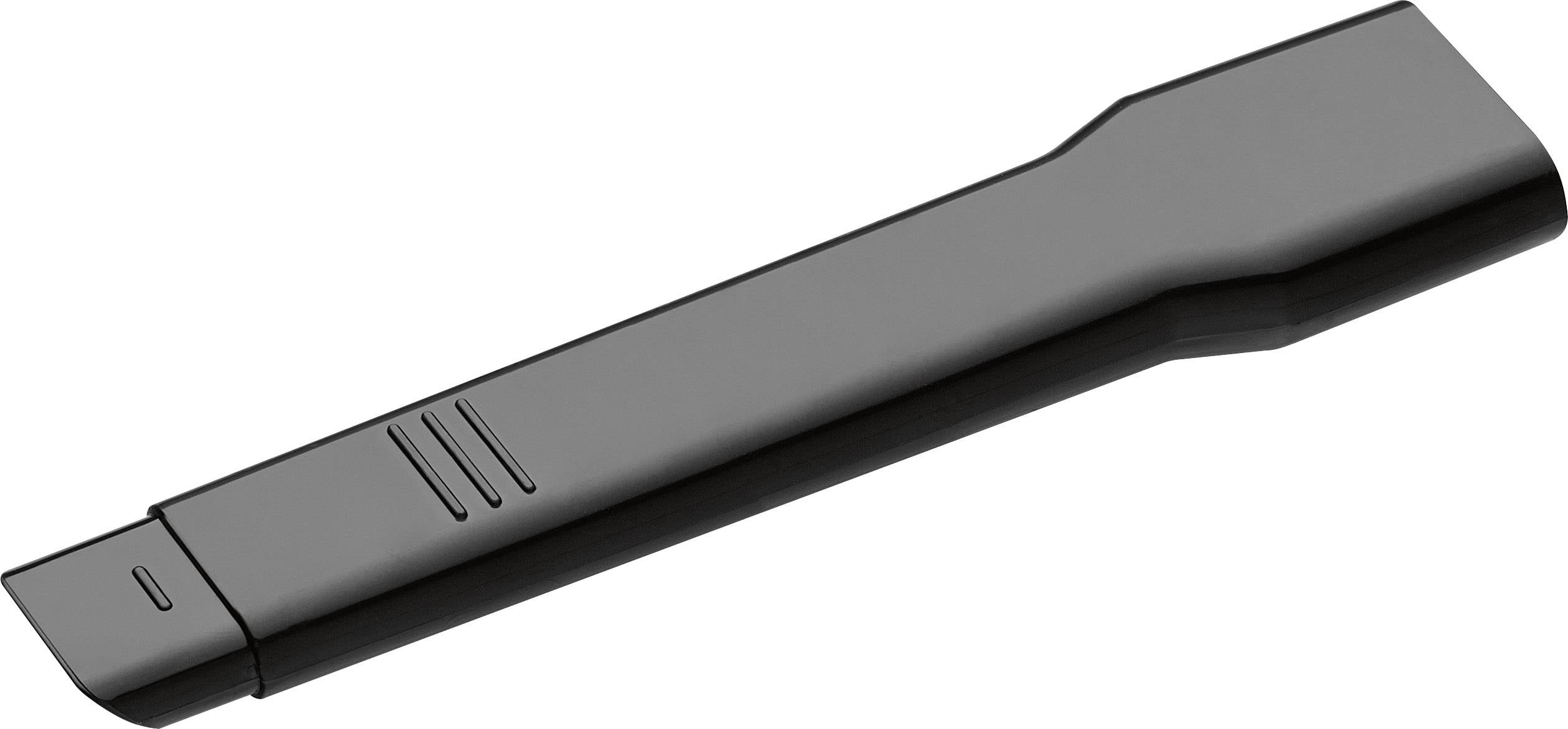 Ein schwarzes, schlankes Plastikmundstück, vermutlich für einen Staubsauger oder ein Reinigungsgerät, auf weißem Hintergrund.