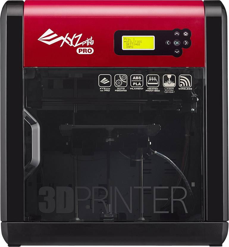Ein schwarzer 3D-Drucker mit rotem oberen Panel, das ein Display und Bedienelemente zeigt. Darunter sind Symbole für Funktionen sichtbar.