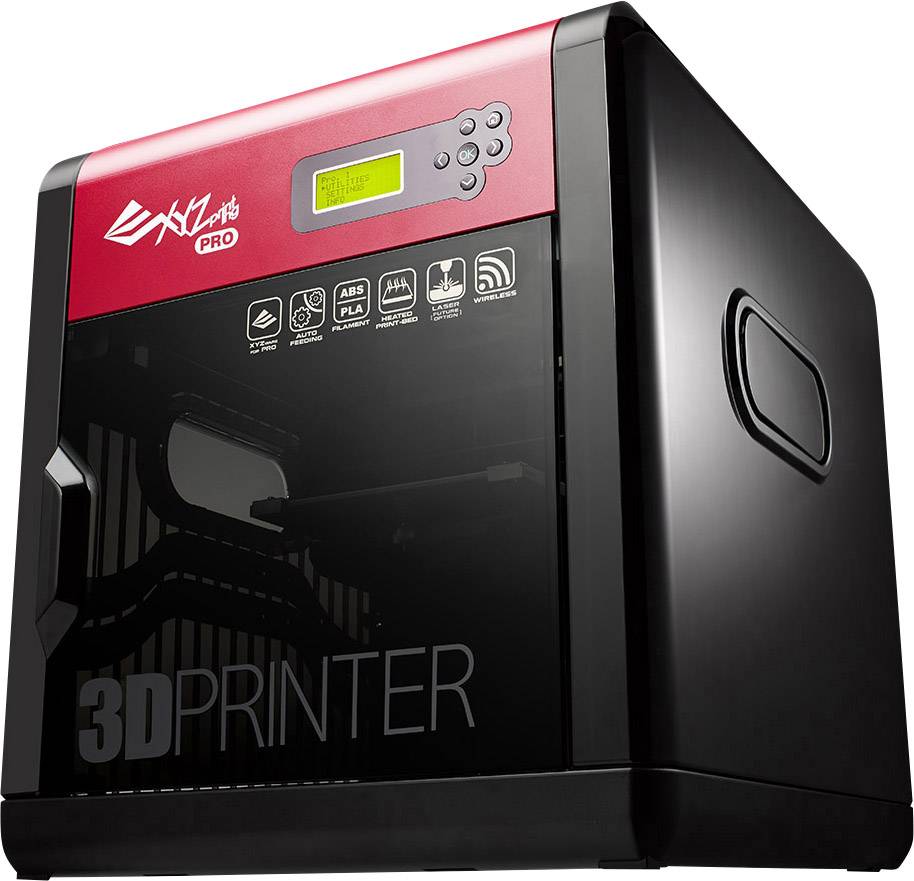 Schwarzer und roter 3D-Drucker mit Sichtfenster. Markenname oben. Bildschirm und Bedienelemente rechts vorne sichtbar.