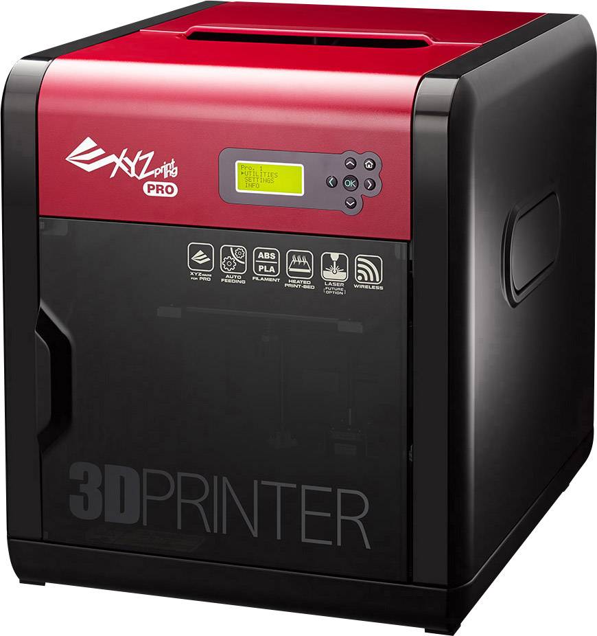 Ein kompakter, schwarz-roter 3D-Drucker mit LED-Anzeige und Markenlogo oben. Geeignet für ABS und PLA Materialien.