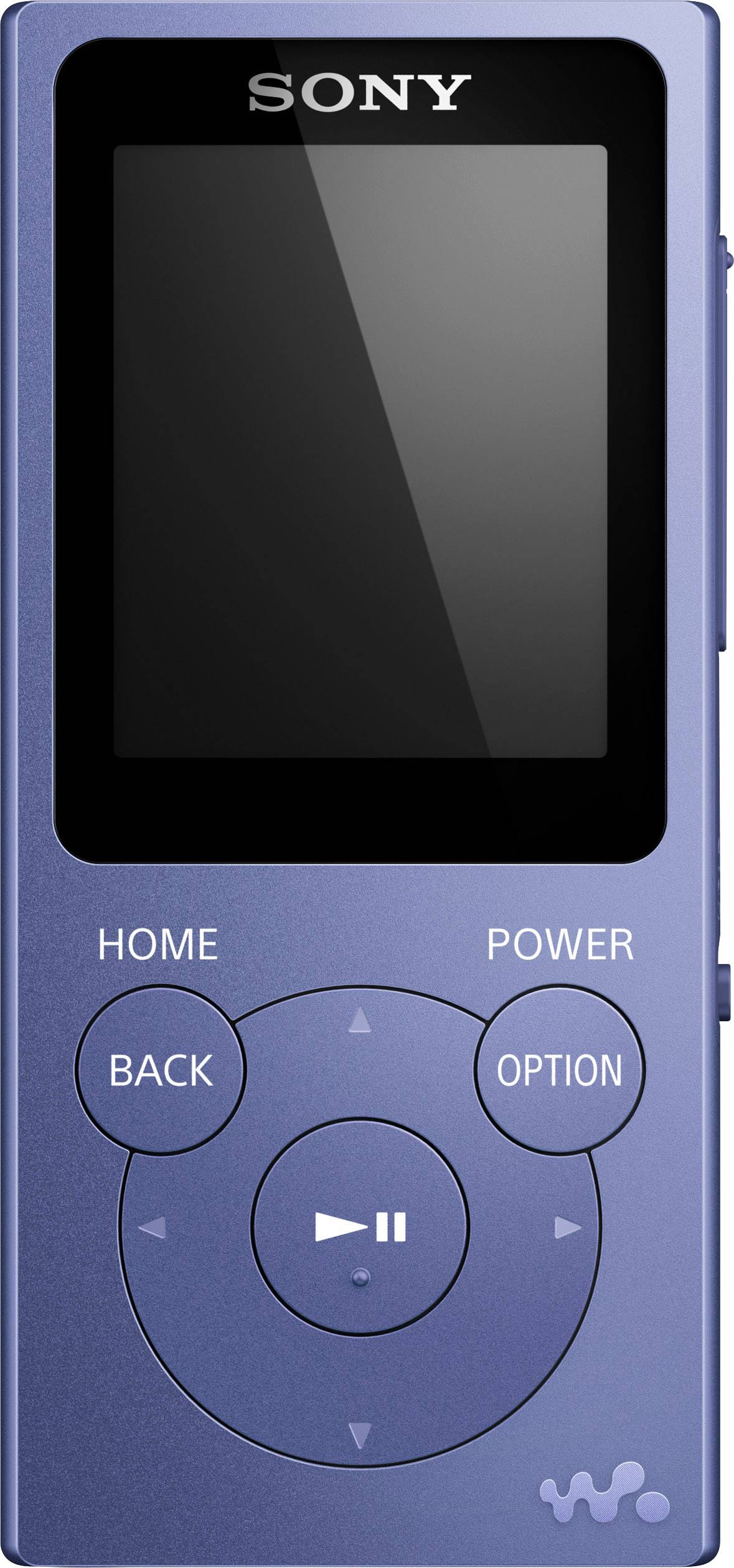 Blauer Sony Walkman mit Display und Steuerungstasten: Home, Power, Back, Option, Play. Kompaktes Design für Musik hören unterwegs.