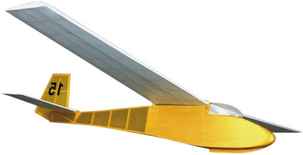 Das Bild zeigt einen Segelflugmodell mit Seitenruder- und Höhenruder-Steuerung. Aufgrund der geringen Spannweite von 90 cm sind keine Ruder in den Tragflächen verbaut.