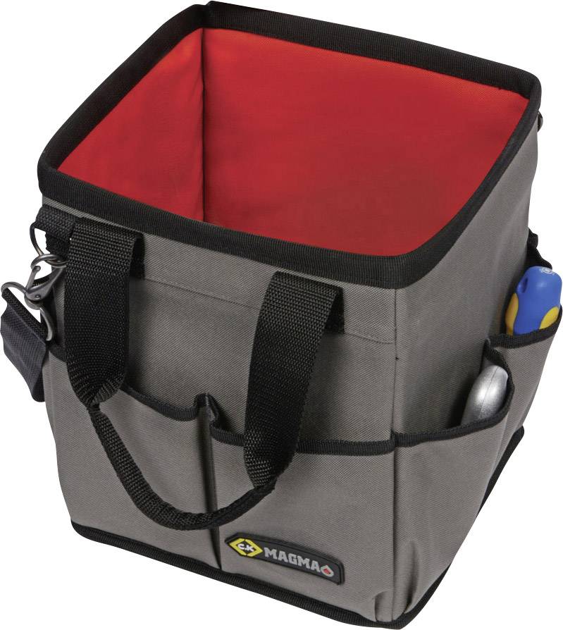 Graue Werkzeugtasche mit roten Innenfutter und mehreren Außentaschen, gefüllt mit Werkzeugen.