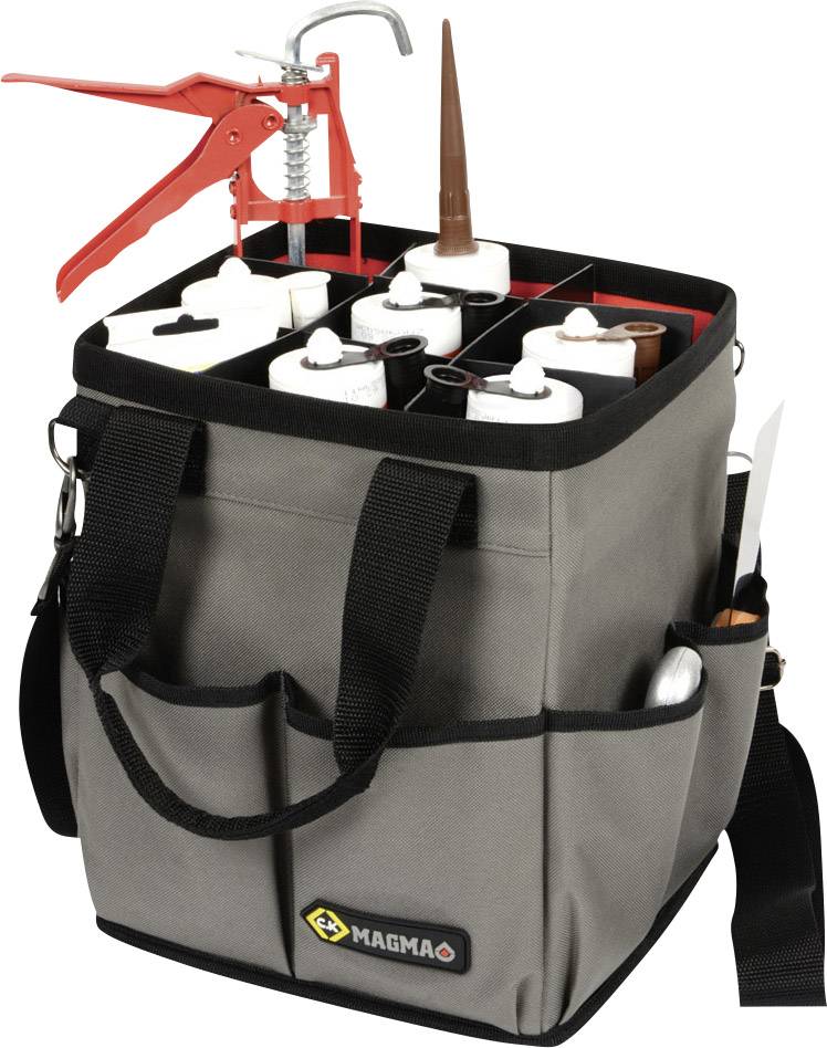 Eine Werkzeugtasche mit mehreren Fächern, die gefüllt ist mit Kartuschen und einer Silikonpresse.