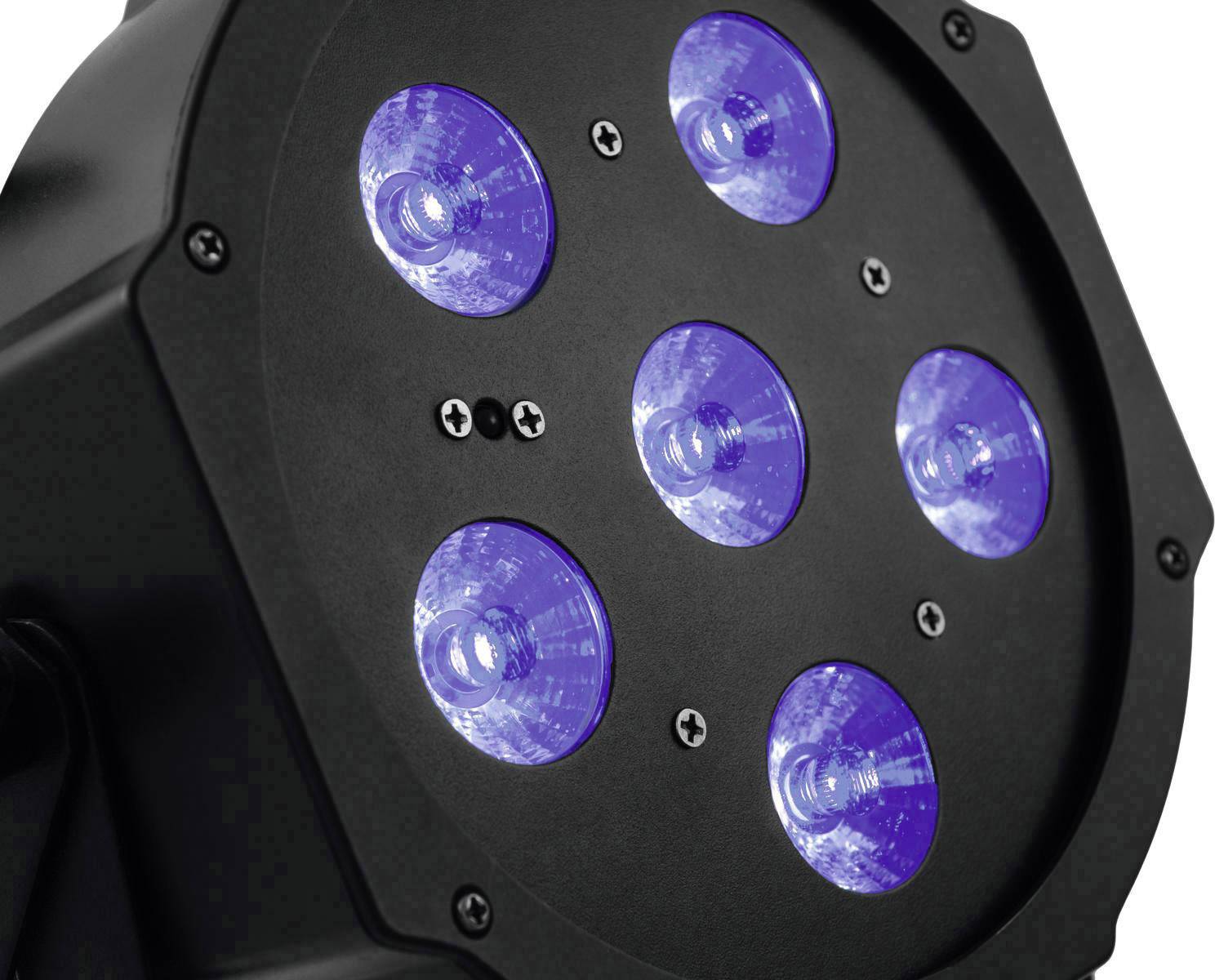 Schwarze LED-Lampe mit sechs blauen Lichtern in kreisförmiger Anordnung.