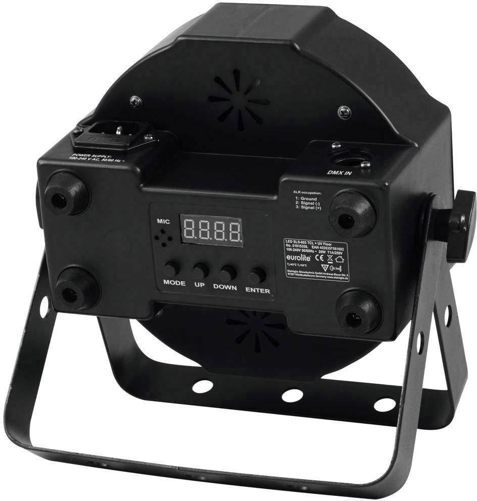 Ein schwarzer, runder Bühnenstrahler mit LED-Display und Bedienknöpfen. Geeignet für DMX-gespeuerte Lichteffekte bei Veranstaltungen.