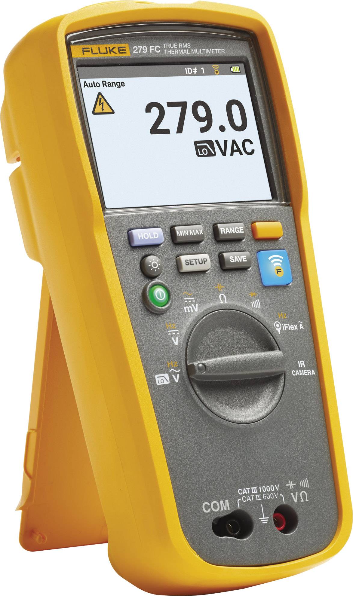 Digitales Multimeter in gelbem Gehäuse zeigt '279.0 VAC' auf dem Bildschirm an. Funktionen für Messungen und Infrarotkamera.
