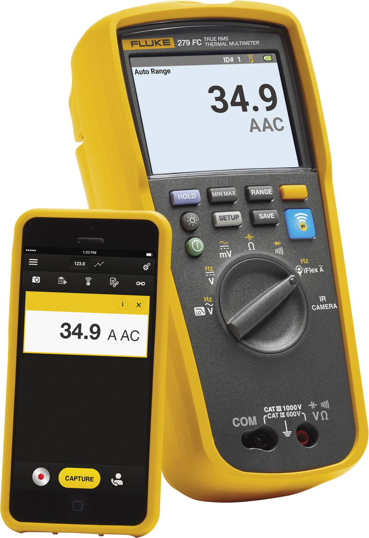 Multimeter zeigt '34,9 AAC'. Smartphone daneben zeigt denselben Wert. Thema: Messung elektrischer Wechselspannung.