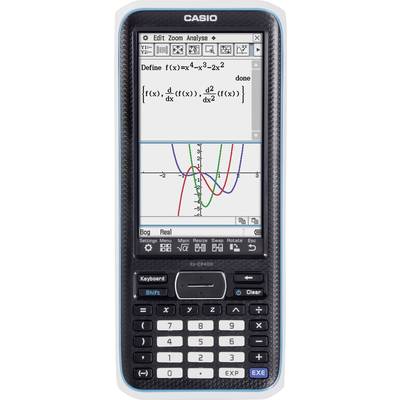 Ein Taschenrechner zeigt das Diagramm und die Gleichung einer Funktion mit drei Kurven in verschiedenen Farben auf dem Display.