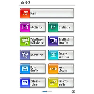 Menü einer mathematischen Software mit Optionen: 'eActivity', 'Statistik', 'Tabellenkalkulation', 'Geometrie', 'Zahlenfolgen' und mehr.