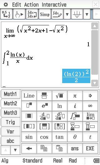 'Mathematik-Software-Schnittstelle zeigt eine mathematische Funktion und ihr Integral an, mit grafischen Symbolen für Berechnungen.'
