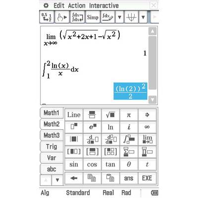 'Mathematik-Software-Schnittstelle zeigt eine mathematische Funktion und ihr Integral an, mit grafischen Symbolen für Berechnungen.'