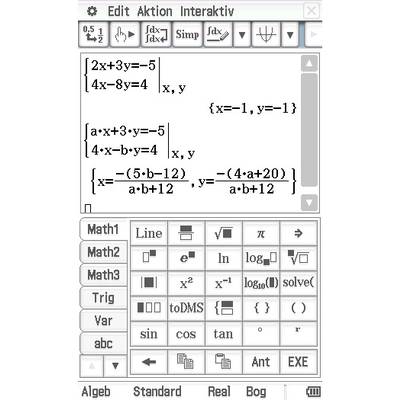 Ein mathematisches Eingabewerkzeug mit Gleichungen, Variablen 'x, y' und verschiedenen Symboltasten zur Erstellung und Lösung von Gleichungen.